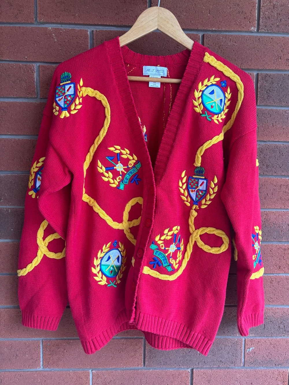 VTG 90s M.J. Sports Crest Embroidered Cardigan Sweater M